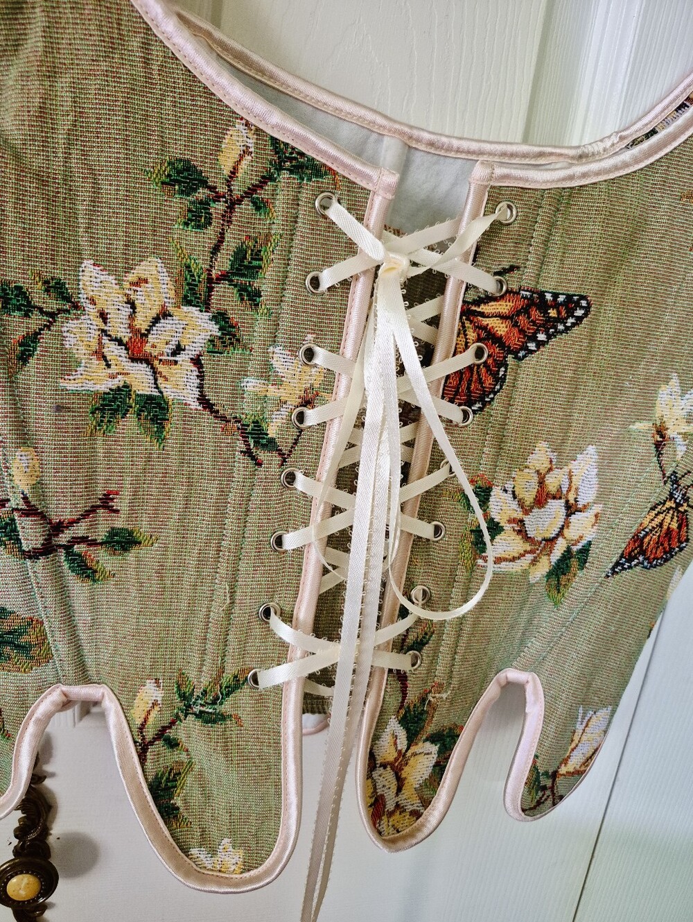 Green Monarch Butterfly Corset With Cream Ribbon - Picture 6 of 9